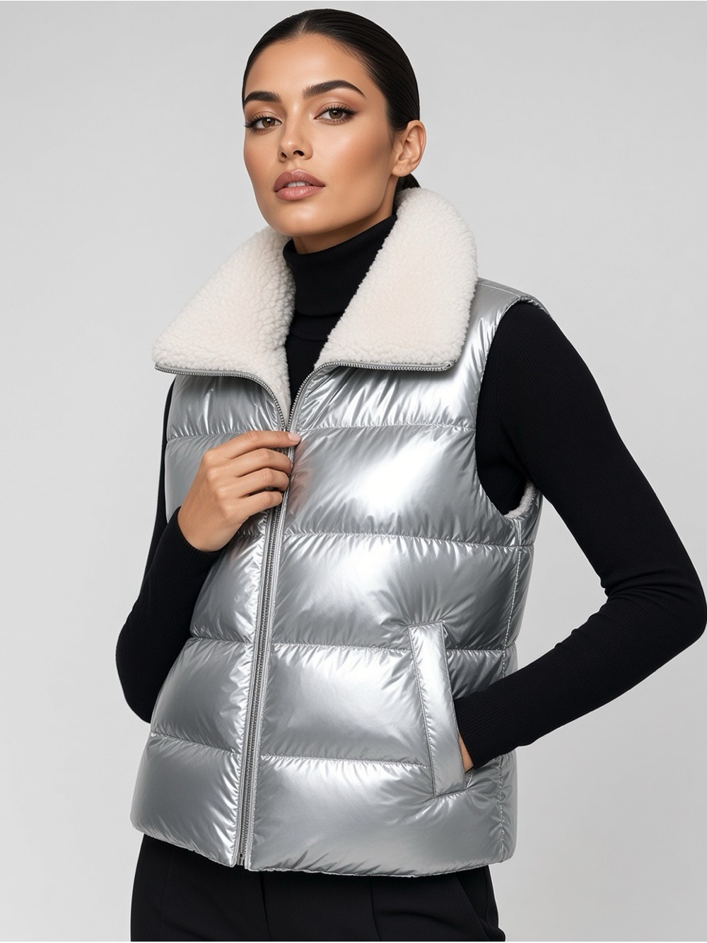 Adrienne Landau Metallic Silver reversible Puffer Vest with Cream Sherpa